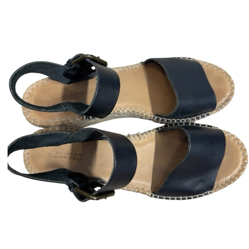 Soludos “Minorca” Wedge Espadrille Sandals Black Leather Strap Size 9.5 Summer